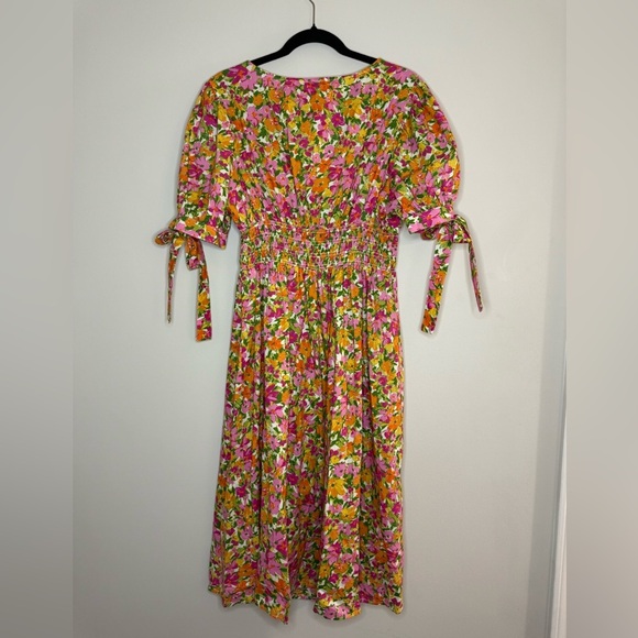 Terra & Sky Bright Floral Midi Dress Puff Sleeve Tie Detail Pink OrangeGreenBoho - Picture 6 of 7